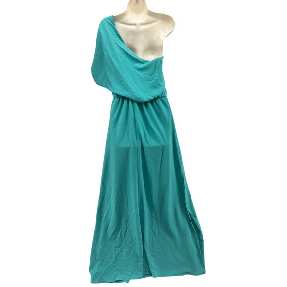Tyche Grecian Goddess Maxi Dress Teal Draped One Shoulder Formal Gown Size L - Picture 2 of 12